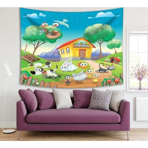 Tapestry Cartoon Dog Cat Chicken Home with Animals Fun Illustration Blue Green Yellow