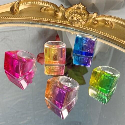Gradient Transparent Acrylic Candy Colorful Square Rings Geometric Design Boho Women Finger-ring Jewelry Accessory Resin Ring