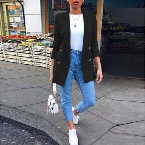 Womens Fashion Lapel Cardigan Mid-Length Temperament Suit Jacket Elegant Solid Color Oversized Coat Female Slim Top For Ladies