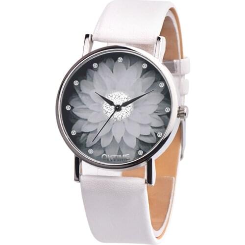 Hot Sale Brand Simple Trend Women Watches Elegant Lotus Print Rhinestone Watch Leather Strap Ladies Quartz Wristwatches Clock #L