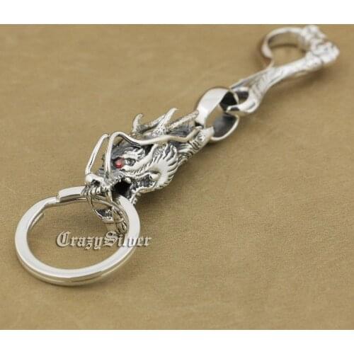 LINSION 925 Sterling Silver Dragon Claw KeyRing Hook Mens Biker Rock Punk KeyChain 8C019KC