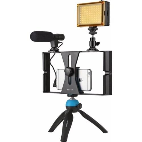 Mobile Phone Video Rig + LED Studio Light + Video Microphone + Mini Tripod Mount Kits with Cold Shoe Tripod Head