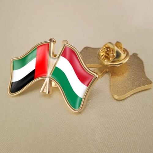 United Arab Emirates and Hungary Crossed Double Friendship Flags Lapel Pins Brooch Badges