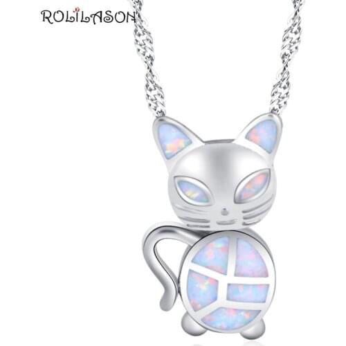 ROLLASON Kitten silver color Stamped white fire opal Pendant Necklace Charming Romantic Valentines Day Gift OP838