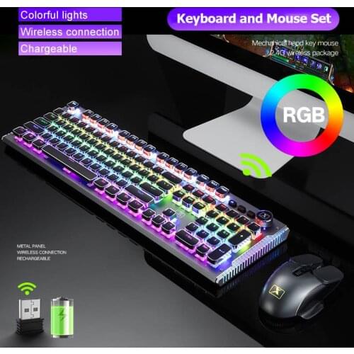 Rechargeable Wireless Gaming Mechanical Keyboard Mouse Set RGB Backlit 2400DPI 2.4G USB Wireless Mouse Keyboards For PC Gamer