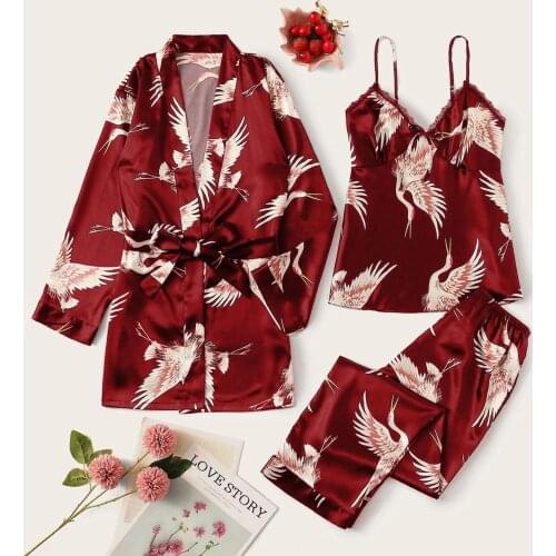 Sexy Satin Silk Pajamas Robe Lace Lingerie Women Nightdress Silk Sleepwear Pants Underwear Set Sleepwear Sexy Femme Pijama