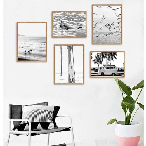 Surf Poster California Wall Art Black and White Ocean Print Beach Canvas Painting Surfing Coastal Decor for Living Room