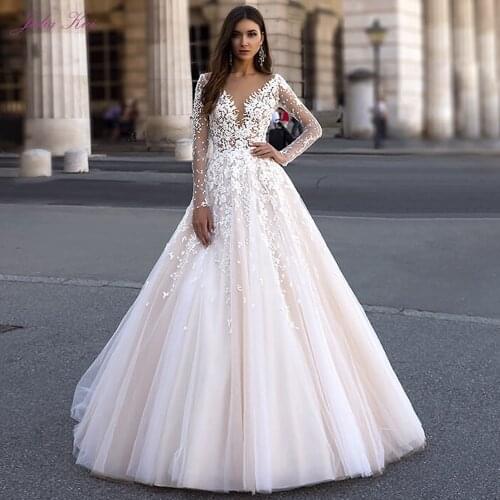 Julia Kui Stunning Floor Length A-line Wedding Dress With Full Sleeve Wedding Gown Delicate Appliques