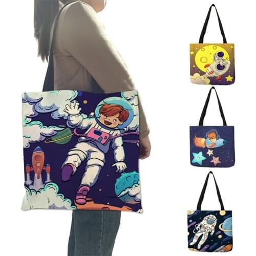 Cartoon Spaceman Astronaut Space Design Funny Handbag Outdoor Leisure shoulder Bags Reusable Tote Shopping Bag For Groceries