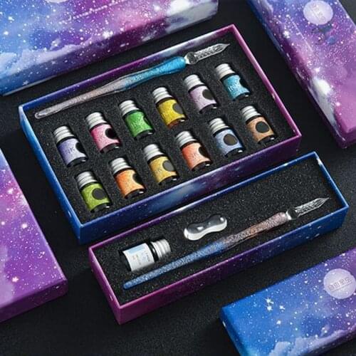 Crystal Glass Pen Starry Sky Dip Pen Glitter Powder Fountain Pen 12 Colors Ink Gift Box Set Writing Supplies