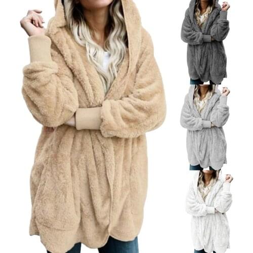 Women Faux Fur Jacket Coat Plus Size S-5XL Solid Color Hooded Faux Fur Coat Warm Furry Jacket Coat Winter Women Overcoat Outwear
