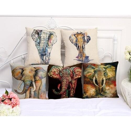 Elephant Painting Cushion Cover Cotton Linen Decorative Pillowcase Chair Seat Square 45x45cm Pillow Cover Home Living Textile
