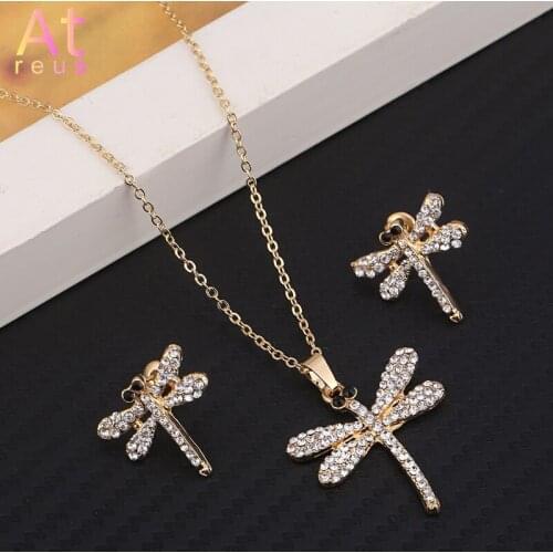 Wedding Gold Color Crystal Jewelry Sets For Women Dragonfly Necklace Pendant Rhinestone Butterfly Earring Engagement Jewelry
