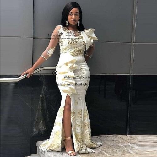 Aso Ebi Mermaid Evening Dresses Three Quarter Sleeves Side Split Prom Dresses For Black Girls Bow Lace Celebrity Party Gowns