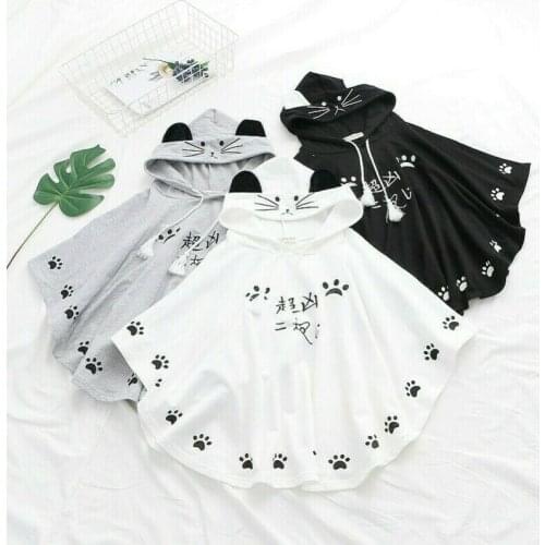 Lady Girls Cloak Hoodies Cute Hooded Cat Embroidery Loose Poncho Japanese Casual