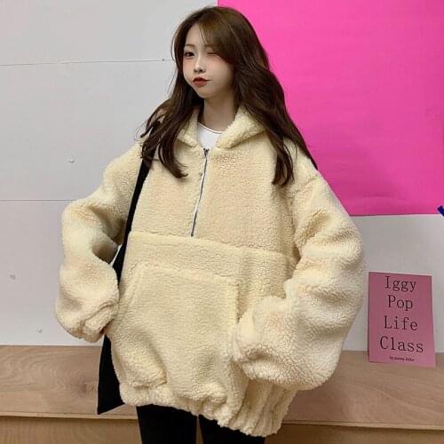 Winter Lamb Plush Hoodies Women Plus Velvet Sweatshirt Thickening Solid Pullover Casual Loose Lantern Sleeve Women Hoodie A030