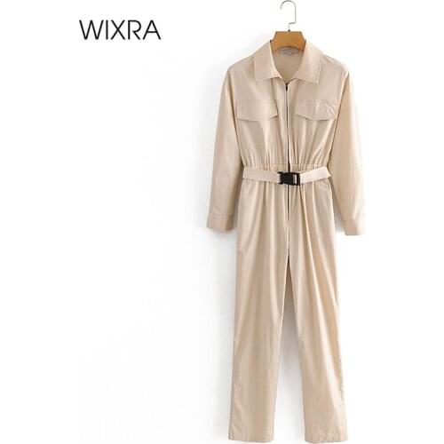 Wixra Womens Cargo Jumpsuits Autumn Spring Rompers Lady Casual Long Sleeve Jumpers With Belt Loose Playsuit