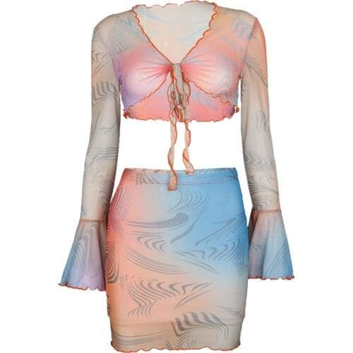 Women’s Long Sleeve Short Skirt Suit Fashion Printing Bandage Cropped Tops and High Waist Tight Skirt