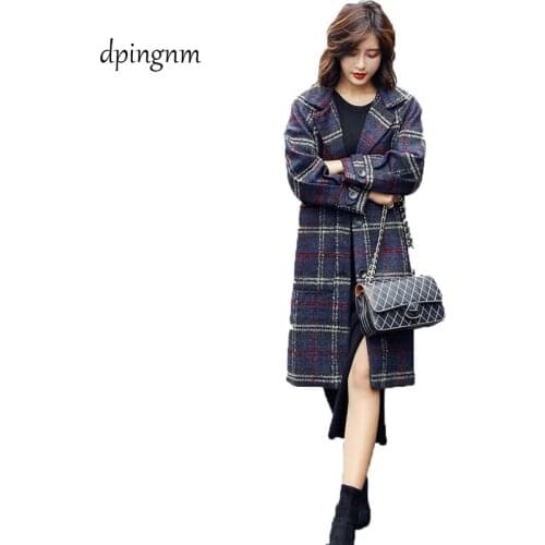 2018 Autumn Winter Wool Women Plaid Pockets Blends Office Work Long Coats Fashion Brand Lady Slim Lapel Long Sleeve Blends Sexy
