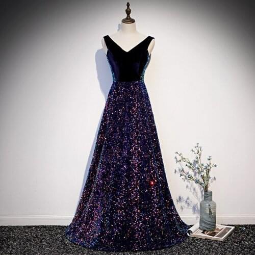 Navy Blue Evening Dresses A-Line Long Shiny Sequined Beading V-Neck Sleeveless Wedding Guest Formal Ceremony Prom Gowns New 2021