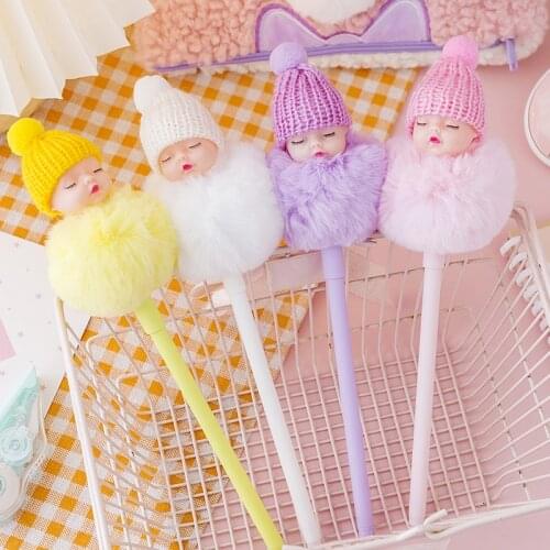 1 Piece Lytwtws Girl Plush Ball Doll Toy Gel Pen School Officel Supplies Stationery Cute Kawaii Creative Lovely Sweet Pens