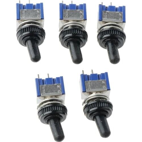 5pcs On Off Mini Toggle Switch SPST Miniature + Waterproof Cover 2P Blue