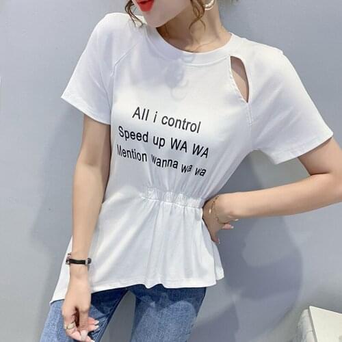 #6057 White Black Red Streetwear Asymmetrical T Shirt Women Letters Printed T Shirt Short Sleeves Hollow Out Sexy Summer Tops