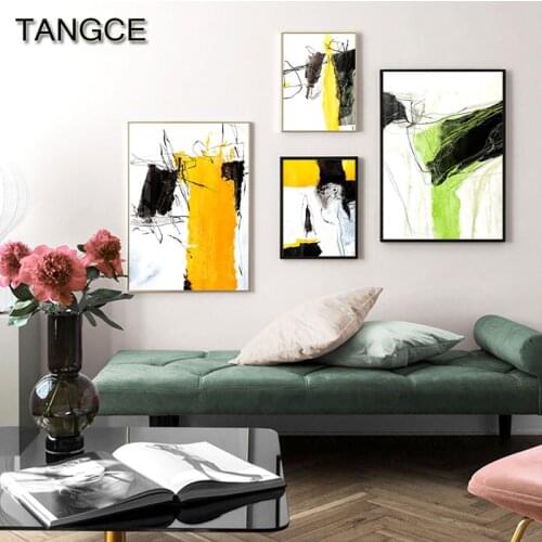 Abstract Black Color Blocks Canvas Painting Yellow Green HD Poster and Prints Wall Picture Living Room Fashion ModernTableaux