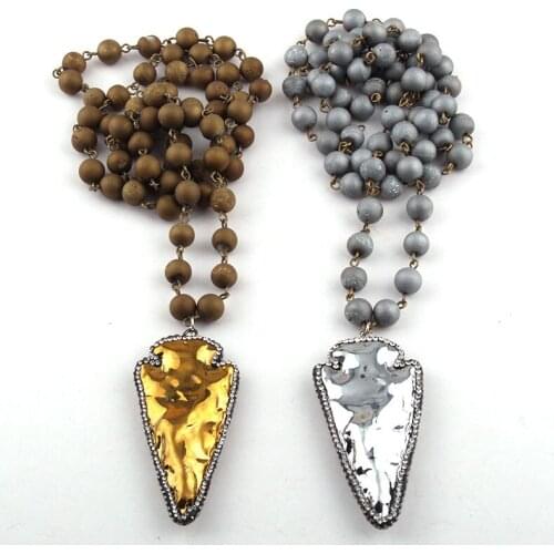 Free Shipping Fashion Bohemian Tribal Jewelry Natural Druzy Bead Rosary Chain Handmake Paved Arrowhead Pendant Necklaces