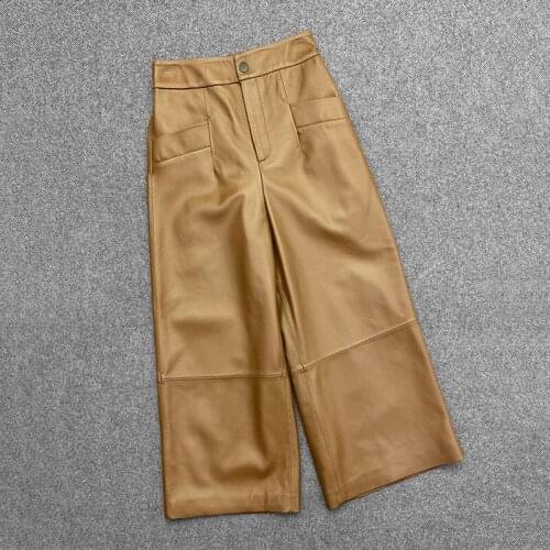 2021 Spring New Designer womens genuine leather wide-leg pants High quality sheepskin Real leather Ninth pants C289