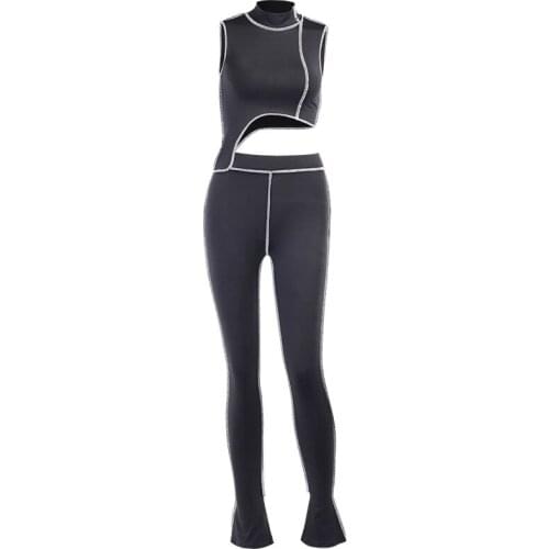 Elastic High Fitness Tracksuit 2 Piece Set Women Asymmetry Outfit Turtleneck Fashion Crop Top+Pants