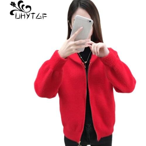 UHYTGF Knitted Cardigan Womens Top Imitation Mink Autumn Winter Sweater Jacket Fashion Zipper Hooded Casual Warm Short Coat 1409