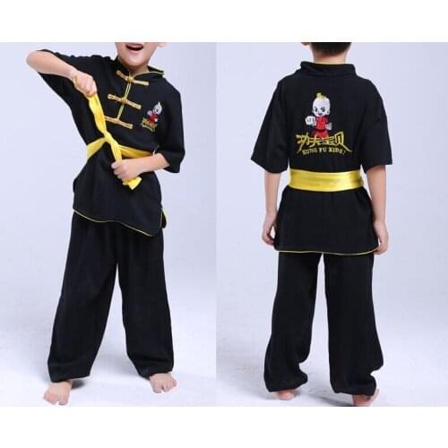 Pure cotton short sleeve Summer kids kung fu suits martial arts embroidery clothing taiji tai chi uniforms black