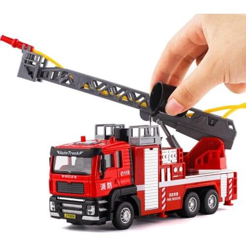 Hot toys Alloy Fire Ladder Truck can spray water ladder car with sound and light pull back children toy model Car