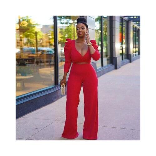 RMSFE 2021 Fashion Sexy Bubble Long Sleeve Deep V Strap Clothes+ Solid Color Elastic Belt Long Wide Leg Pants 2 Pieces Set