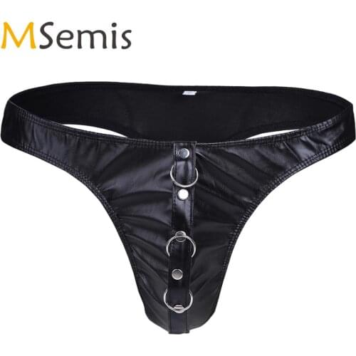 MSemis Men Underwear Sissy Wet Look Faux Leather T-Back Bikini Panties Sexy G String Briefs with O-rings Male Gay Micro Thongs