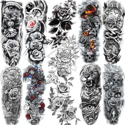 Covers Up Temporary Sleeve Tattoos For Women Girls Realistic Fake Lion Rose Skull Wolf Tattoos Full Arm Nus Body Art Deoration