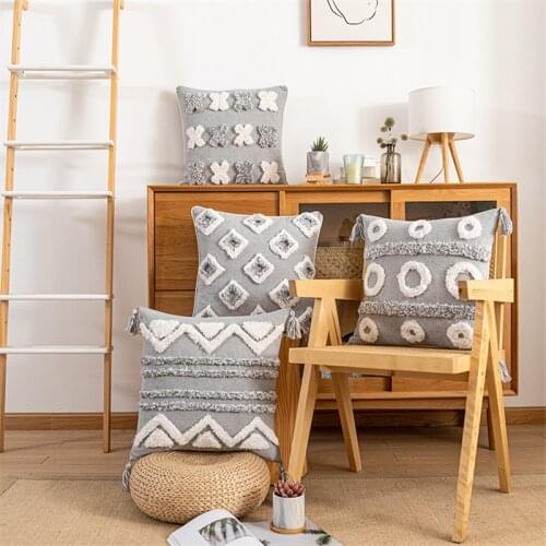Boho style Cotton Tufted Cushion Cover Tassel Macrame Luxury Pillow Cover Circle Wave Pattern tufted Grey Pillow Cover For Sofa