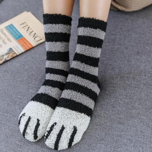 1Pairs Fashion Womens Socks Autumn Winter Coral Fleece Socks Cats Paw stripe 3d Socks Cute Funny Thick Girls Cartoon Animal Sock