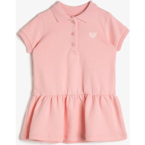 Girls Pink Button Futher Elbse 0 YMG89954OK Cotton Midi Solid Color Short Sleeve Street Style Bike Collar