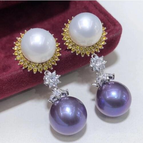 D602 Pearl Earrings Fine Jewelry 925 Sterling Silver 9-10mm Nature Fresh Water White and Purple Pearls Drop Dangle Earrings