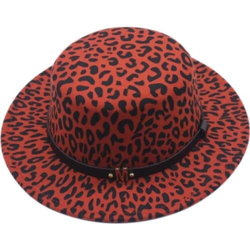 Wholesale fedora hat flat top female leopard print M logo belt Panama felt jazz hat church female hat male шляпа женская