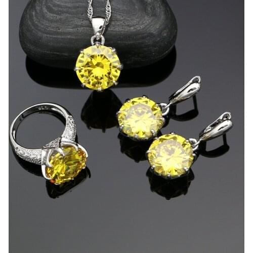 Silver Jewelry 925 Silver Wedding Jewelry Sets Yellow Cubic Zirconia Earrings Ring Pendant Necklace Set For Women