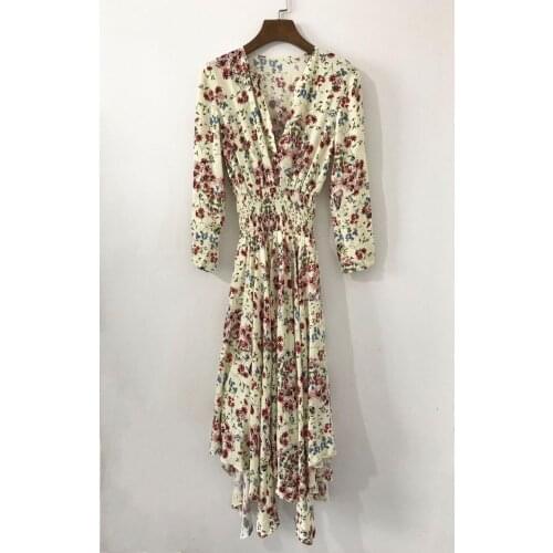 Women V Neck Floral Print Midi Dress With Gathering Waist & Asymmetrical Hem