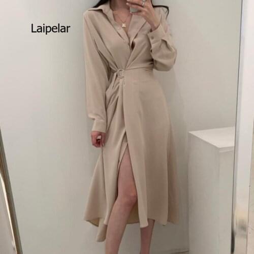 Ladies dress 2021 solid color lapel tie waist shirt long-sleeved casual womens dress suit mid-length skirt