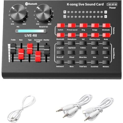 Sound Card R8 Voice Changer Sound Mixer Board For Live Streaming Voice Changer Sound Card Multiple Sound Effects Audio Mixer