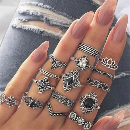 15pcs Women Fashion Anel Aneis Bague Femme Stone Midi Finger Rings Boho Jewelry Vintage Knuckle Ring Set