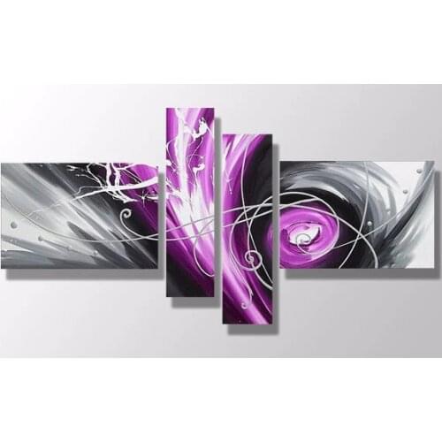 4 Panels Modern Abstract Oil Painting Purple and Grey Wall Art Handmade Oil Painting Living Room Wall Decor