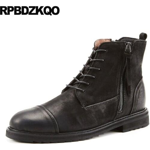 Full Grain Leather Genuine Lace Up Black Combat Winter Fur Real Military Booties High Quality Retro Boots Shoes Army Ankle