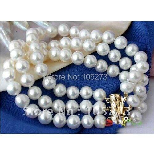3Row AA8-9MM Round White Freshwater Cultured Pearl Bracelet Fashion Womens Jewelry Beautiful Pearl Jewelry Free Shipping FN1374